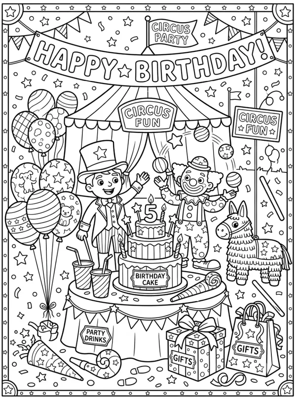 Circus theme birthday party coloring sheet