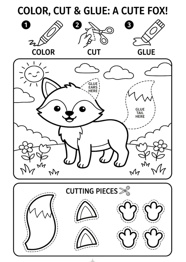 Color, Cut and Glue A cute Fox