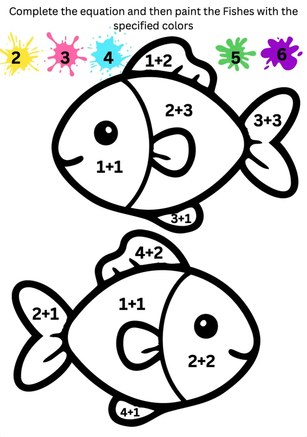 Complete the equation and then paint the fishes