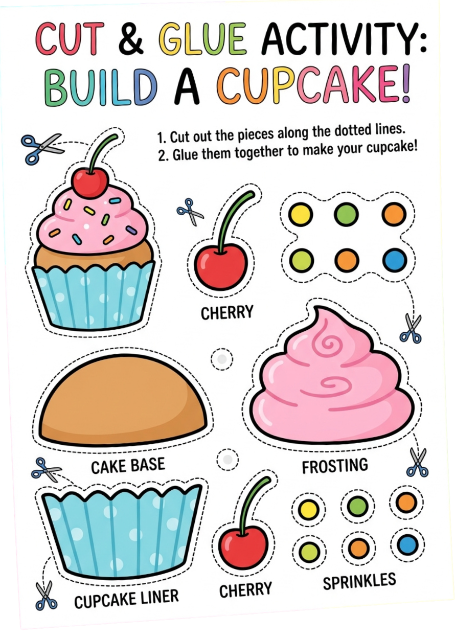 Cupcake cut and glue activity for kids