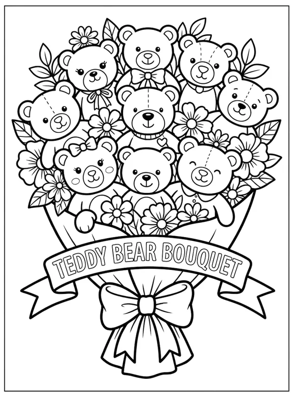 Cute Teddy Bouquet coloring sheet