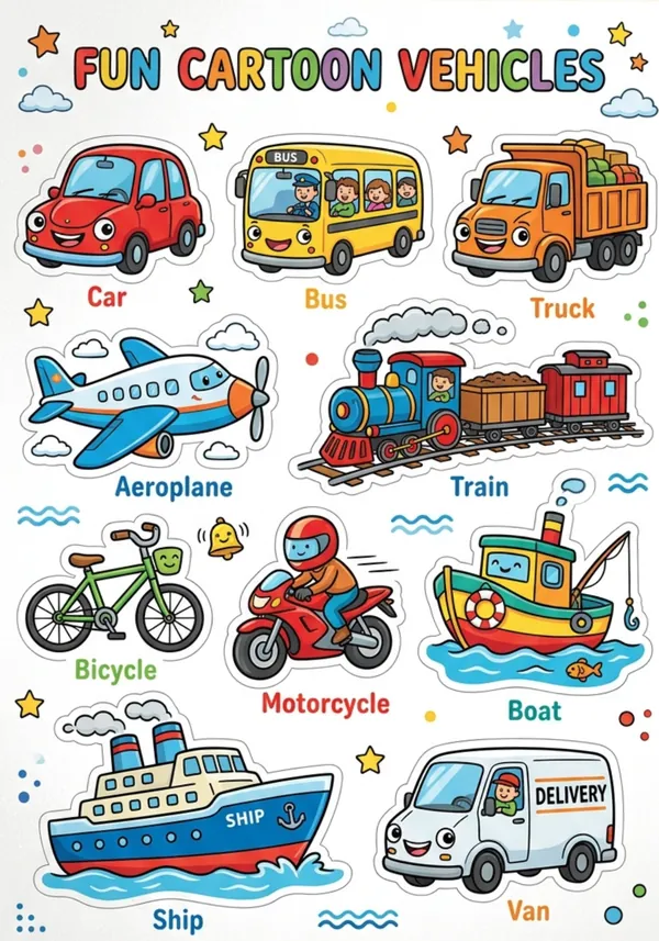 fun cartoon vehicles sticker sheet