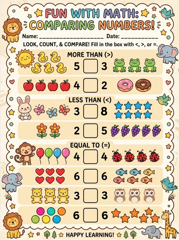 fun with Math comparing numbers worksheet for preschool