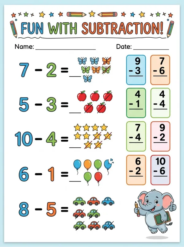 Fun with subtraction Math worksheet for kids