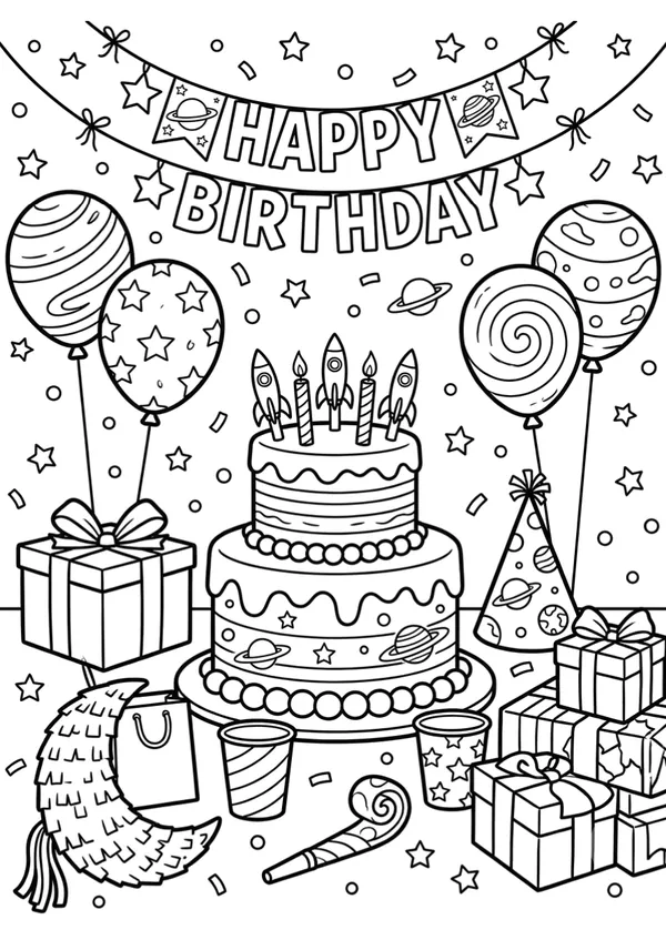 Galaxy Birthday theme coloring sheet for kids