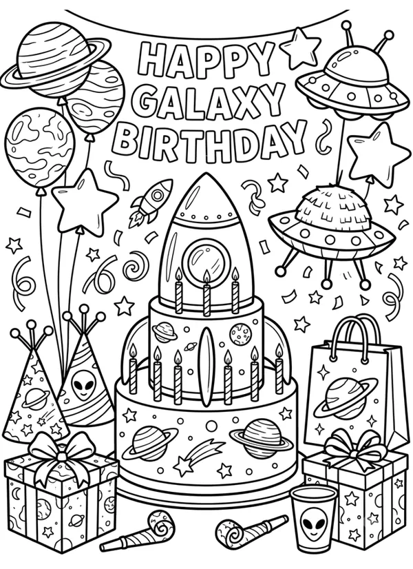 Galaxy Birthday theme coloring sheet