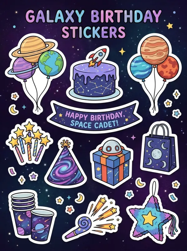 Galaxy Birthday Theme Sticker Sheet free printable - blue