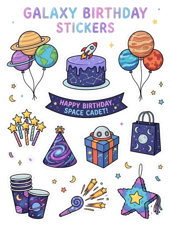Galaxy Birthday Theme Sticker Sheet free printable - white