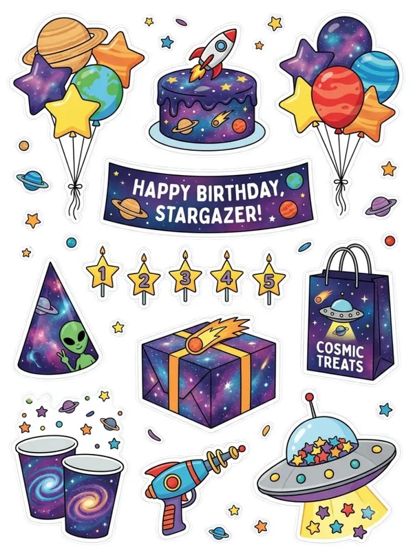 Galaxy Birthday Theme Sticker Sheet - white