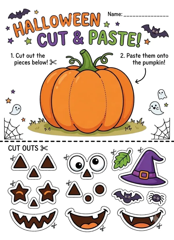 Halloween cut and paste activity for kids with pumpkin