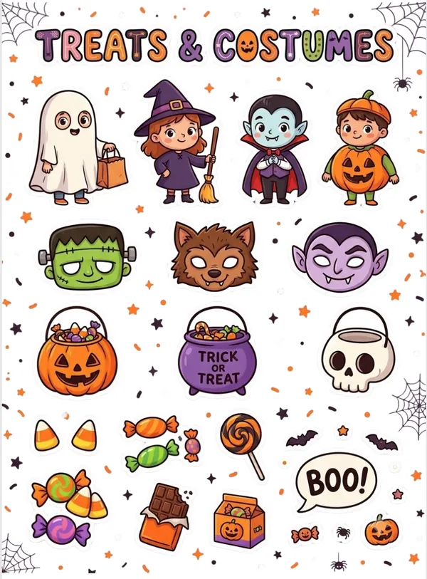Halloween treats and costumes theme sticker sheet( white background)