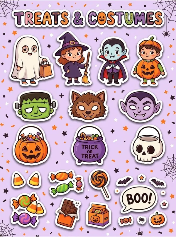 Halloween treats and costumes theme sticker sheet