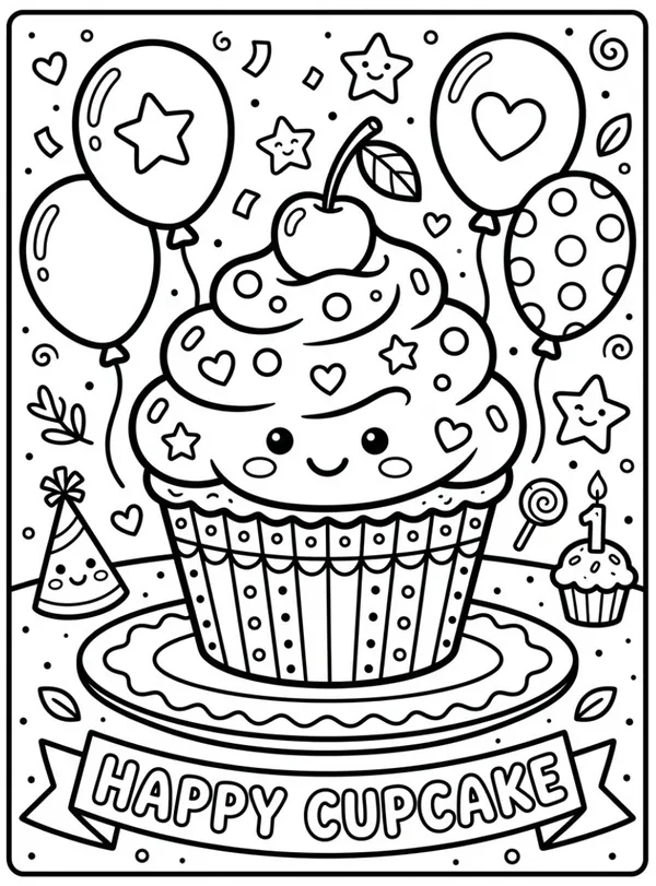 Happy Cupcake coloring theme page