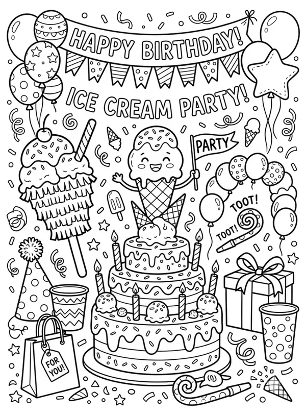 Ice cream theme birthday party coloring sheet