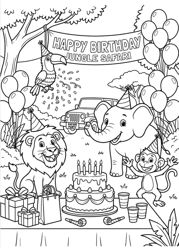 Jungle safari birthday theme coloring page