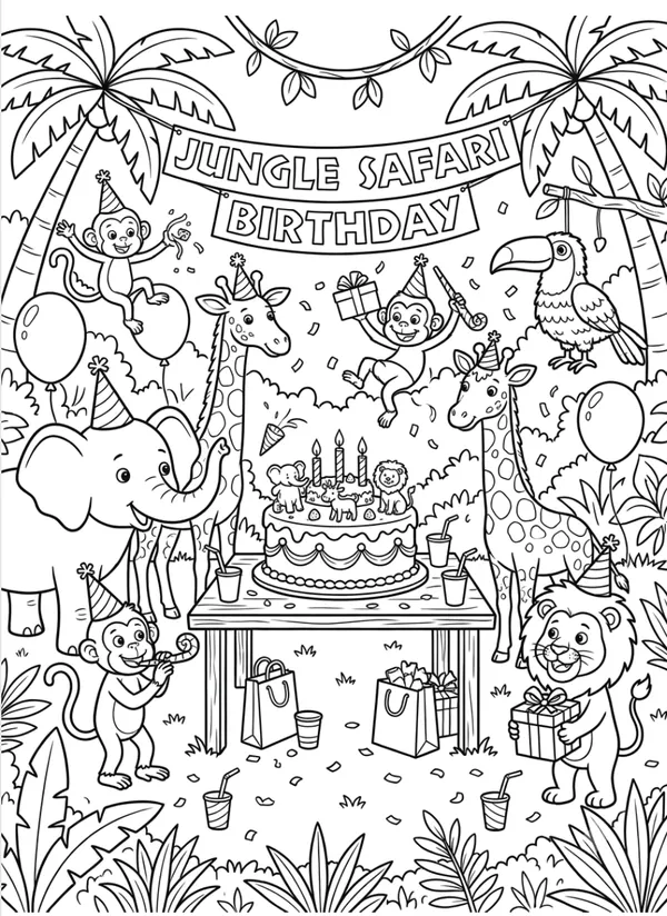 Jungle safari theme coloring sheet for birthday party