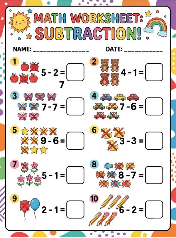 Math worksheet for kids Subtraction