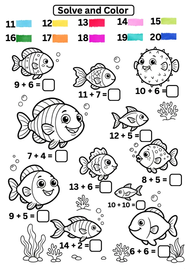 Math worksheet with coloring fishes ( 11 to 20)
