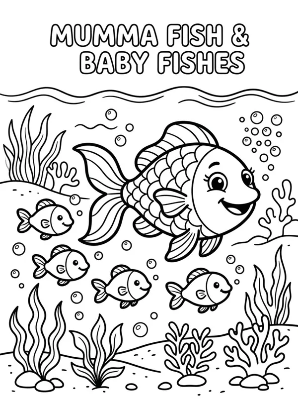 Mumma fish and baby fishes coloring sheet for kids
