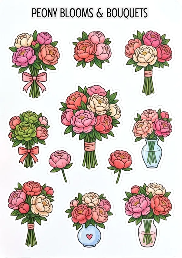 Peony Blooms and bouquet sticker sheet