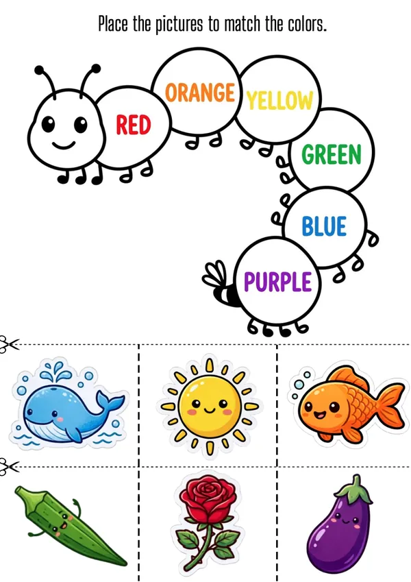 Place the pictures to match the colors in the caterpillar
