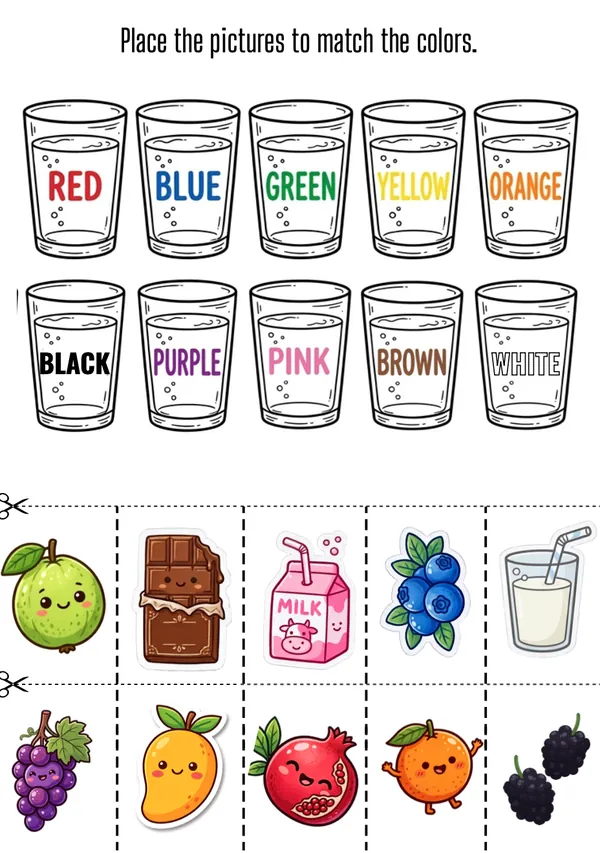 Place the pictures to match the colors in the glasses