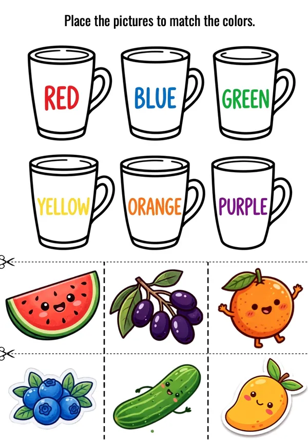 Place the pictures to match the colors of the cups