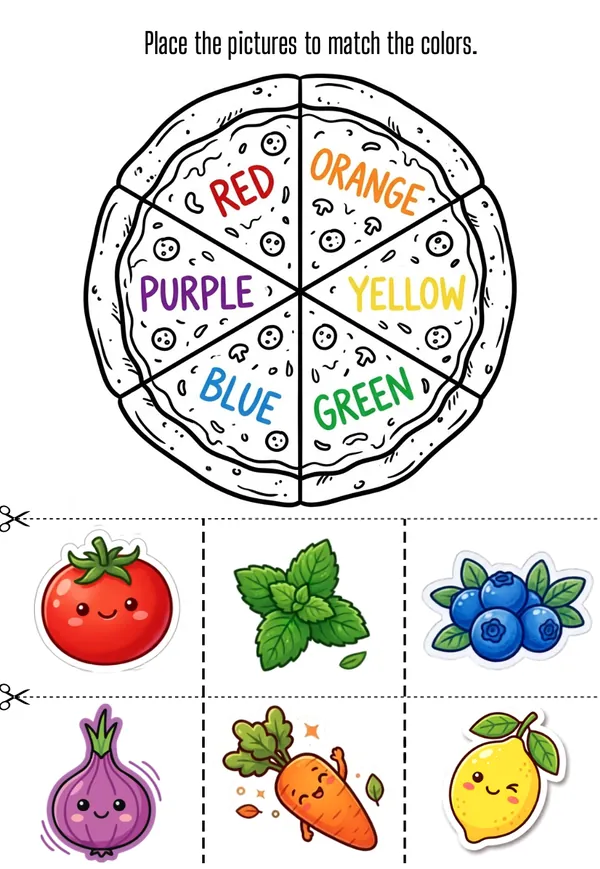 Place the pictures to match the colors of the pizza