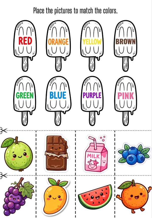 Place the pictures to match the colors of the popsicle