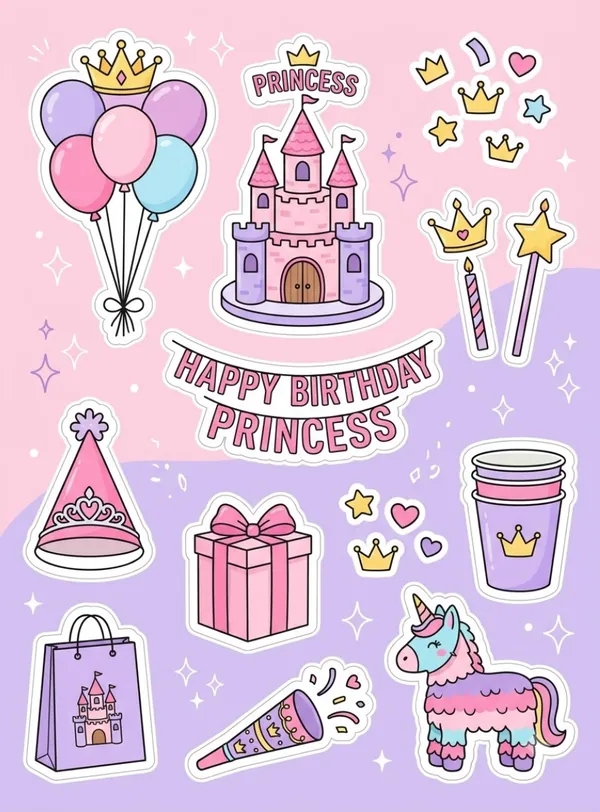 Princess theme birthday party cake, balloons and more