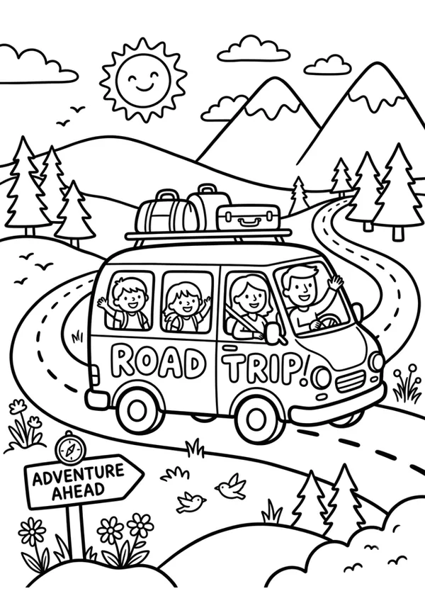Road trip travel coloring page