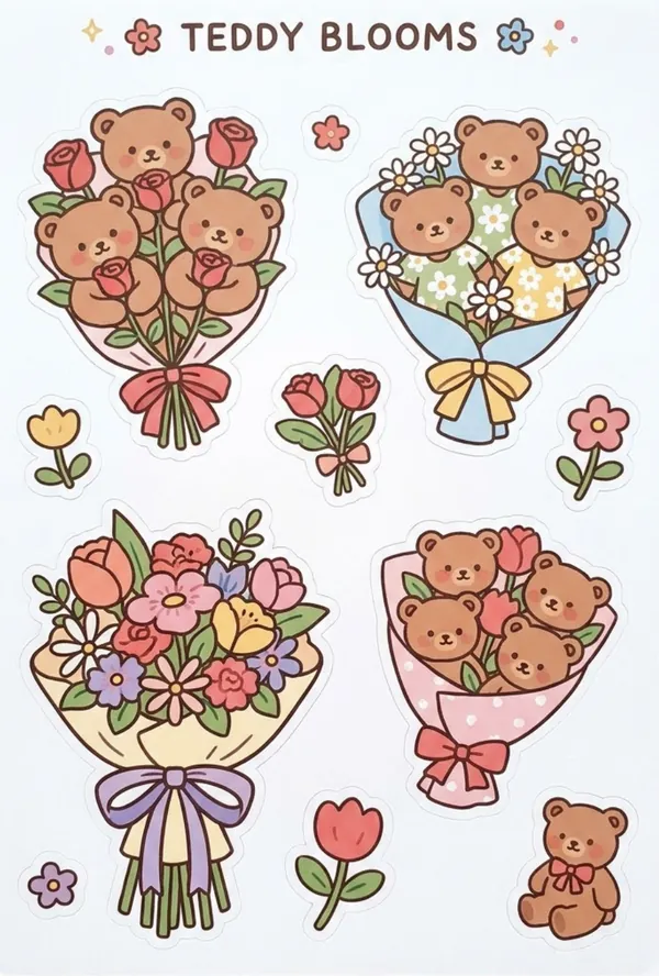 Teddy Blooms Bouquet Sticker Sheet