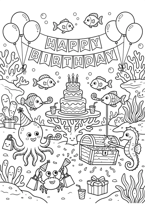 Underwater birthday theme coloring sheet