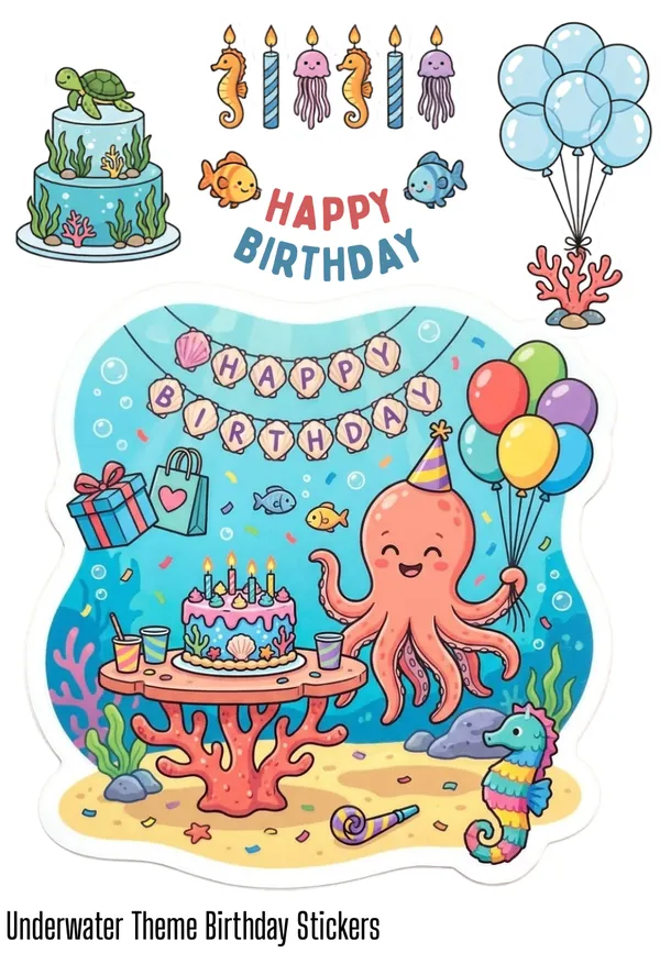 Underwater Birthday Theme Sticker Sheet for kids