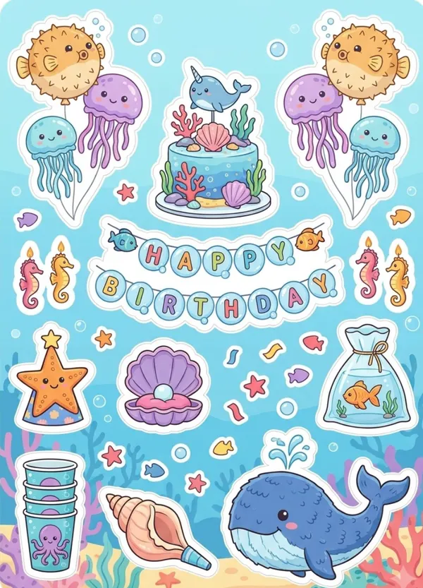 Underwater Birthday Theme Sticker Sheet free printable