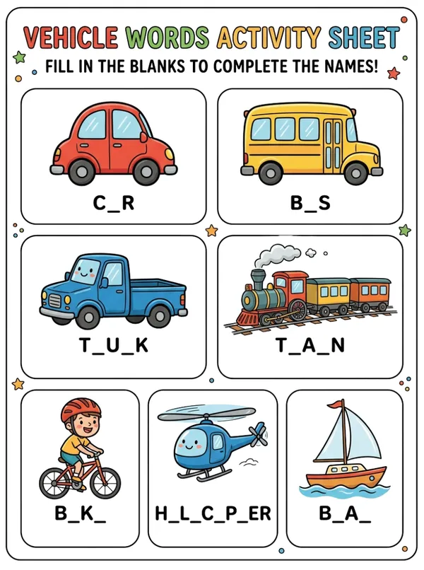 Vehicle words activity sheet