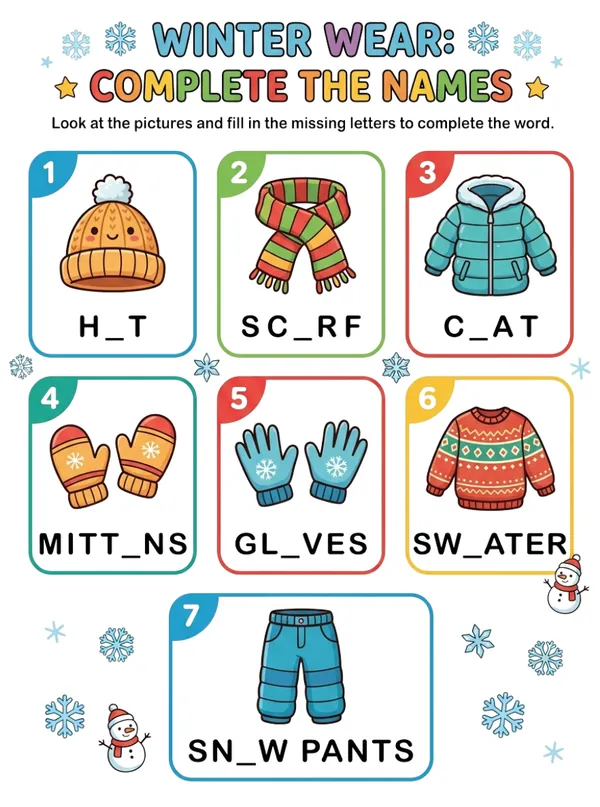 winter wear - fill in the blanks Activity
