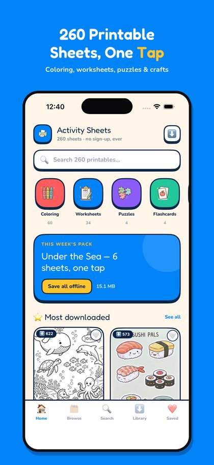 Home screen with printable categories